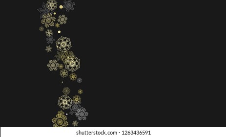 Glitter snowflakes frame on white horizontal background. Shiny Christmas and New Year frame for gift certificate, ads, banners, flyers. Falling snow with golden glitter snowflakes for party invite