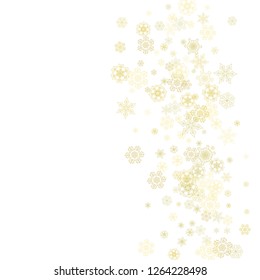 Glitter snowflakes frame on white background. Winter window. Shiny Christmas and New Year frame for gift certificate, ads, banners, flyers. Falling snow with golden glitter snowflakes for party invite