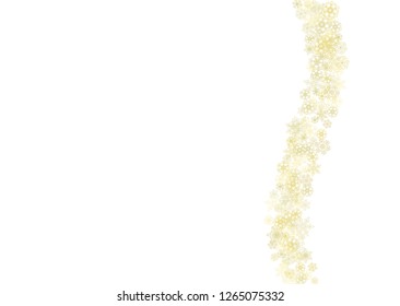 Glitter snowflakes frame on white horizontal background. Shiny Christmas and New Year frame for gift certificate, ads, banners, flyers. Falling snow with golden glitter snowflakes for party invite
