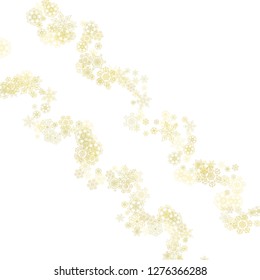 Glitter snowflakes frame on white background. Winter window. Shiny Christmas and New Year frame for gift certificate, ads, banners, flyers. Falling snow with golden glitter snowflakes for party invite