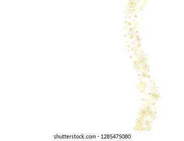 Glitter snowflakes frame on white horizontal background. Shiny Christmas and New Year frame for gift certificate, ads, banners, flyers. Falling snow with golden glitter snowflakes for party invite