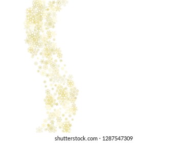 Glitter snowflakes frame on white horizontal background. Shiny Christmas and New Year frame for gift certificate, ads, banners, flyers. Falling snow with golden glitter snowflakes for party invite