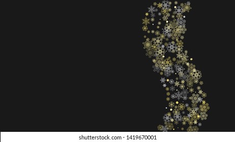 Glitter snowflakes frame on white horizontal background. Shiny Christmas and New Year frame for gift certificate, ads, banners, flyers. Falling snow with golden glitter snowflakes for party invite