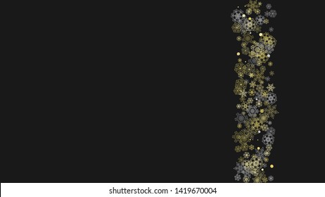 Glitter snowflakes frame on white horizontal background. Shiny Christmas and New Year frame for gift certificate, ads, banners, flyers. Falling snow with golden glitter snowflakes for party invite