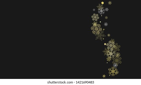 Glitter snowflakes frame on white horizontal background. Shiny Christmas and New Year frame for gift certificate, ads, banners, flyers. Falling snow with golden glitter snowflakes for party invite