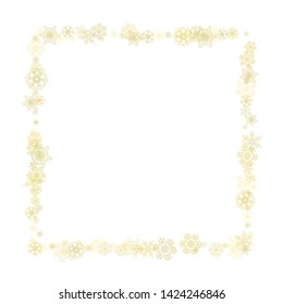 Glitter snowflakes frame on white background. Winter window. Shiny Christmas and New Year frame for gift certificate, ads, banners, flyers. Falling snow with golden glitter snowflakes for party invite