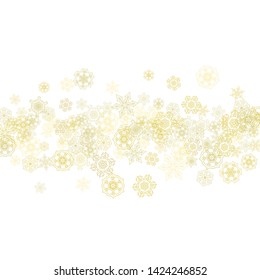 Glitter snowflakes frame on white background. Winter window. Shiny Christmas and New Year frame for gift certificate, ads, banners, flyers. Falling snow with golden glitter snowflakes for party invite