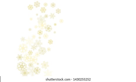 Glitter snowflakes frame on white horizontal background. Shiny Christmas and New Year frame for gift certificate, ads, banners, flyers. Falling snow with golden glitter snowflakes for party invite