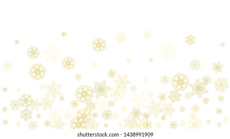 Glitter snowflakes frame on white horizontal background. Shiny Christmas and New Year frame for gift certificate, ads, banners, flyers. Falling snow with golden glitter snowflakes for party invite