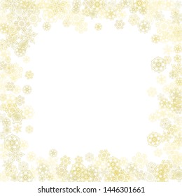 Glitter snowflakes frame on white background. Winter window. Shiny Christmas and New Year frame for gift certificate, ads, banners, flyers. Falling snow with golden glitter snowflakes for party invite