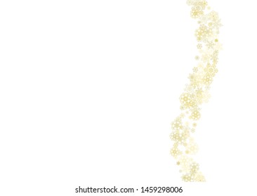 Glitter snowflakes frame on white horizontal background. Shiny Christmas and New Year frame for gift certificate, ads, banners, flyers. Falling snow with golden glitter snowflakes for party invite