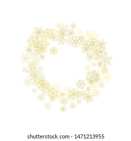 Glitter snowflakes frame on white background. Winter window. Shiny Christmas and New Year frame for gift certificate, ads, banners, flyers. Falling snow with golden glitter snowflakes for party invite