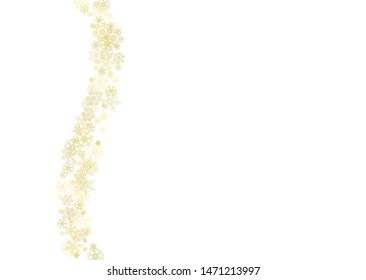 Glitter snowflakes frame on white horizontal background. Shiny Christmas and New Year frame for gift certificate, ads, banners, flyers. Falling snow with golden glitter snowflakes for party invite