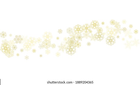 Glitter snowflakes frame on white horizontal background. Shiny Christmas and New Year frame for gift certificate, ads, banners, flyers. Falling snow with golden glitter snowflakes for party invite