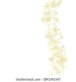 Glitter snowflakes frame on white background. Winter window. Shiny Christmas and New Year frame for gift certificate, ads, banners, flyers. Falling snow with golden glitter snowflakes for party invit
