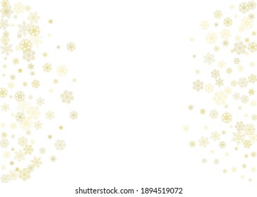 Glitter snowflakes frame on white horizontal background. Shiny Christmas and New Year frame for gift certificate, ads, banners, flyers. Falling snow with golden glitter snowflakes for party invite