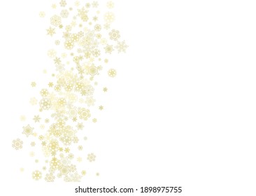 Schneeflocken aus Glitzern auf weißem, horizontalem Hintergrund. Shiny Christmas und Neujahr Rahmen für Geschenkgutscheine, Anzeigen, Banner, Flyer. Fallschnee mit goldfarbenen Schneeflocken für Partyeinladung
