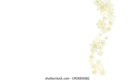 Glitter snowflakes frame on white horizontal background. Shiny Christmas and New Year frame for gift certificate, ads, banners, flyers. Falling snow with golden glitter snowflakes for party invite