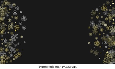 Glitter snowflakes frame on white horizontal background. Shiny Christmas and New Year frame for gift certificate, ads, banners, flyers. Falling snow with golden glitter snowflakes for party invite