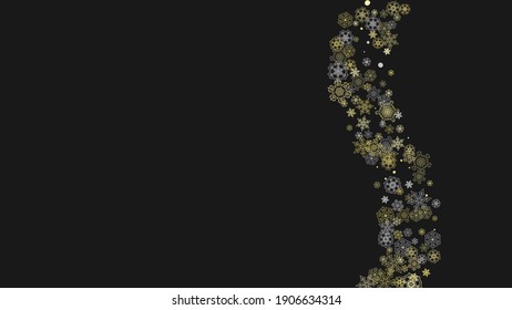 Glitter snowflakes frame on white horizontal background. Shiny Christmas and New Year frame for gift certificate, ads, banners, flyers. Falling snow with golden glitter snowflakes for party invite