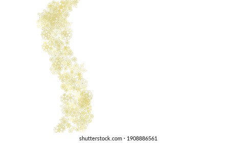 Glitter snowflakes frame on white horizontal background. Shiny Christmas and New Year frame for gift certificate, ads, banners, flyers. Falling snow with golden glitter snowflakes for party invite