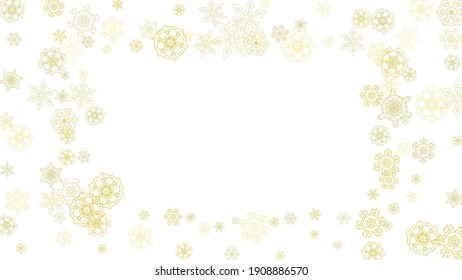 Glitter snowflakes frame on white horizontal background. Shiny Christmas and New Year frame for gift certificate, ads, banners, flyers. Falling snow with golden glitter snowflakes for party invite