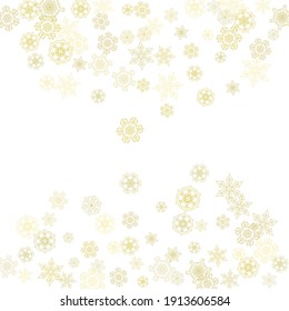Glitter snowflakes frame on white background. Winter window. Shiny Christmas and New Year frame for gift certificate, ads, banners, flyers. Falling snow with golden glitter snowflakes for party invit
