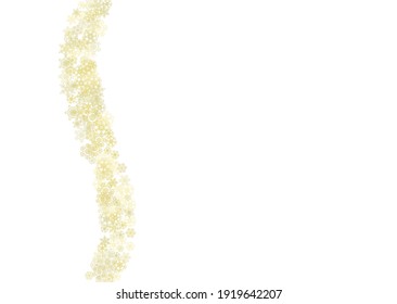 Glitter snowflakes frame on white horizontal background. Shiny Christmas and New Year frame for gift certificate, ads, banners, flyers. Falling snow with golden glitter snowflakes for party invite