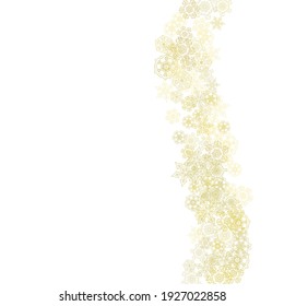 Glitter snowflakes frame on white background. Winter window. Shiny Christmas and New Year frame for gift certificate, ads, banners, flyers. Falling snow with golden glitter snowflakes for party invit
