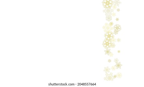 Glitter snowflakes frame on white horizontal background. Shiny Christmas and New Year frame for gift certificate, ads, banners, flyers. Falling snow with golden glitter snowflakes for party invite