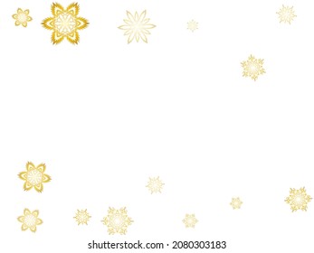 Glitter snowflakes frame on white horizontal background. Macro snowflakes flying border design, holiday banner with flakes confetti scatter frame, snow elements. Seasonal winter symbols.