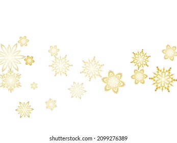 Glitter snowflakes frame on white horizontal background. Falling snow with golden glitter snowflakes for party invite. Vector illustration.