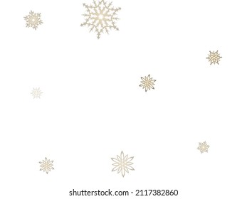 Glitter snowflakes frame on white horizontal background. Falling snow with golden glitter snowflakes for party invite. Seasonal winter symbols.