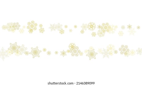 Glitter snowflakes frame on white horizontal background. Shiny Christmas and New Year frame for gift certificate, ads, banners, flyers. Falling snow with golden glitter snowflakes for party invite