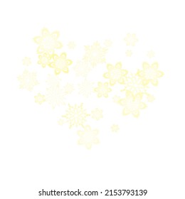 Glitter snowflakes frame on white horizontal background. Falling snow with golden glitter snowflakes for party invite. Winter frost print. Festive frame.