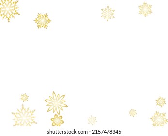 Glitter snowflakes frame on white horizontal background. Shiny Christmas and New Year frame for gift certificate, ads, banners, flyers.  Winter frost print. Festive frame.