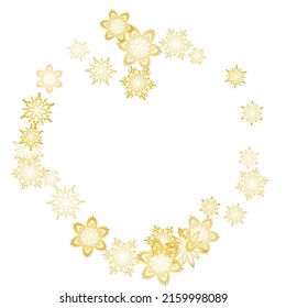 Glitter snowflakes frame on white horizontal background. Luxurious festive background for your Christmas and New Year Design of banners, cards, posters, wallpapers. Winter frost print. Festive frame.