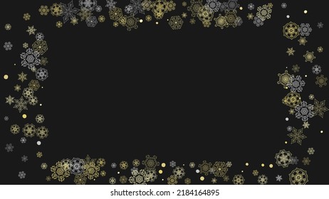 Glitter snowflakes frame on white horizontal background. Shiny Christmas and New Year frame for gift certificate, ads, banners, flyers. Falling snow with golden glitter snowflakes for party invite