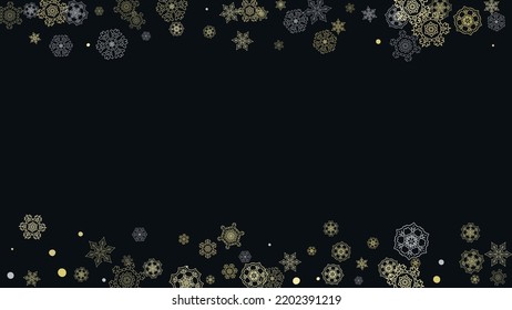 Glitter snowflakes frame on white horizontal background. Shiny Christmas and New Year frame for gift certificate, ads, banners, flyers. Falling snow with golden glitter snowflakes for party invite