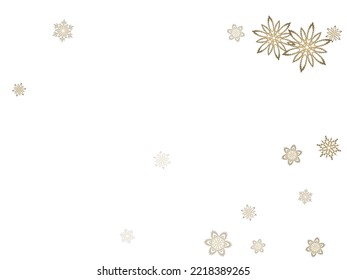 Glitter snowflakes frame on white horizontal background. Falling snow with golden glitter snowflakes for party invite. Seasonal winter symbols.