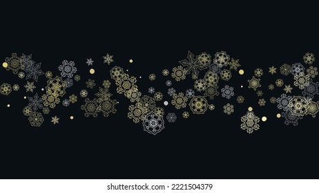 El marco de los copos de nieve brillante sobre el fondo horizontal blanco. Luminoso marco de Navidad y Año Nuevo para certificado de regalo, anuncios, pancartas, folletos. Invitación a la fiesta de la caída de la nieve con brillantes copos de nieve