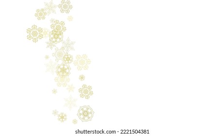 Glitter snowflakes frame on white horizontal background. Shiny Christmas and New Year frame for gift certificate, ads, banners, flyers. Falling snow with golden glitter snowflakes for party invite