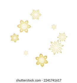 Glitter snowflakes frame on white horizontal background. Christmas or New Year golden snowflake decoration garland on white background.  Winter frost print. Festive frame.