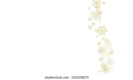Glitter snowflakes frame on white horizontal background. Shiny Christmas and New Year frame for gift certificate, ads, banners, flyers. Falling snow with golden glitter snowflakes for party invite