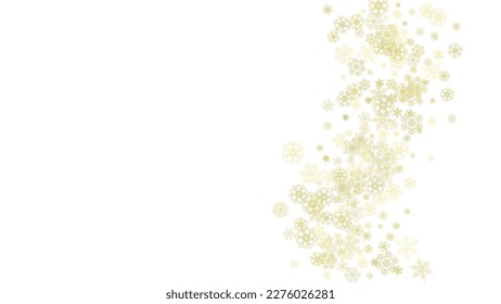 Glitter snowflakes frame on white horizontal background. Shiny Christmas and New Year frame for gift certificate, ads, banners, flyers. Falling snow with golden glitter snowflakes for party invite