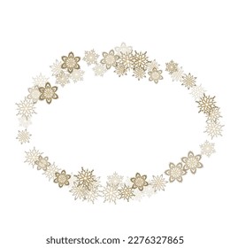 Glitter snowflakes frame on white horizontal background. Falling snow with golden glitter snowflakes for party invite. Seasonal winter symbols.