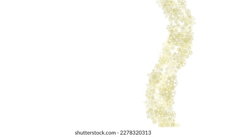 Glitter snowflakes frame on white horizontal background. Shiny Christmas and New Year frame for gift certificate, ads, banners, flyers. Falling snow with golden glitter snowflakes for party invite