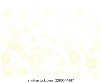 Glitter snowflakes frame on white horizontal background. Macro snowflakes flying border design, holiday banner with flakes confetti scatter frame, snow elements. Vector illustration.