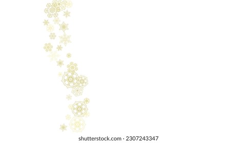 Glitter snowflakes frame on white horizontal background. Shiny Christmas and New Year frame for gift certificate, ads, banners, flyers. Falling snow with golden glitter snowflakes for party invite