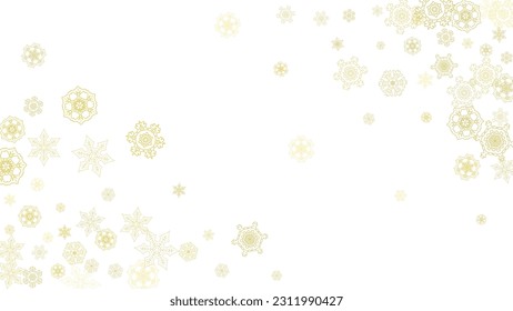Glitter snowflakes frame on white horizontal background. Shiny Christmas and New Year frame for gift certificate, ads, banners, flyers. Falling snow with golden glitter snowflakes for party invite